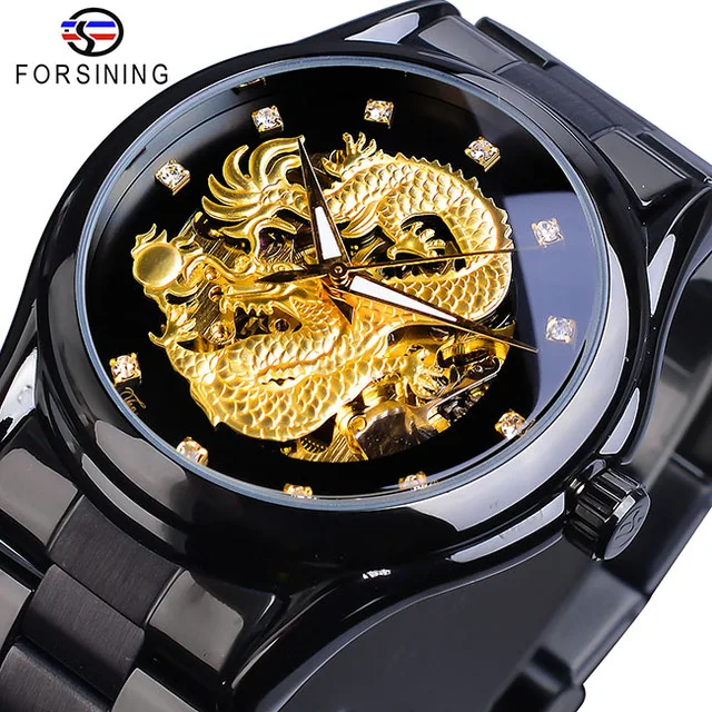 

Forsining Watch Men's Skeleton Golden Mechanical Automatic 3D Carved Dragon Steel Wrist Watches Top Brand Luxury Self Wind Clock, 7-colors