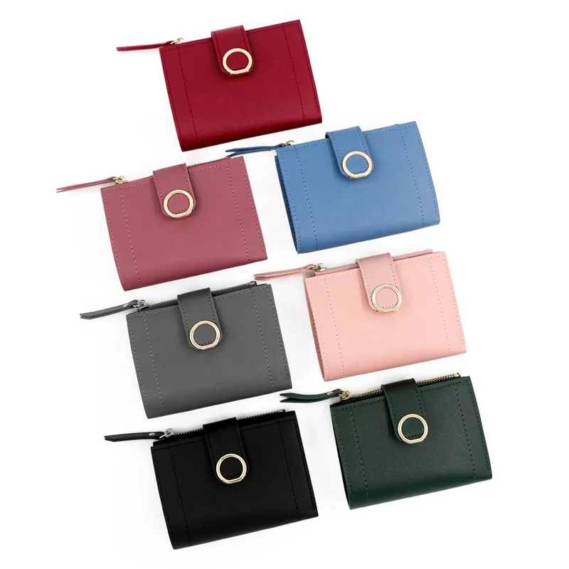 

Factory Direct Zipper Buckle Wallet Short Small Card Holder Wallet Two Fold Clutch Bag PU Leather Coin Purse, 7 colors