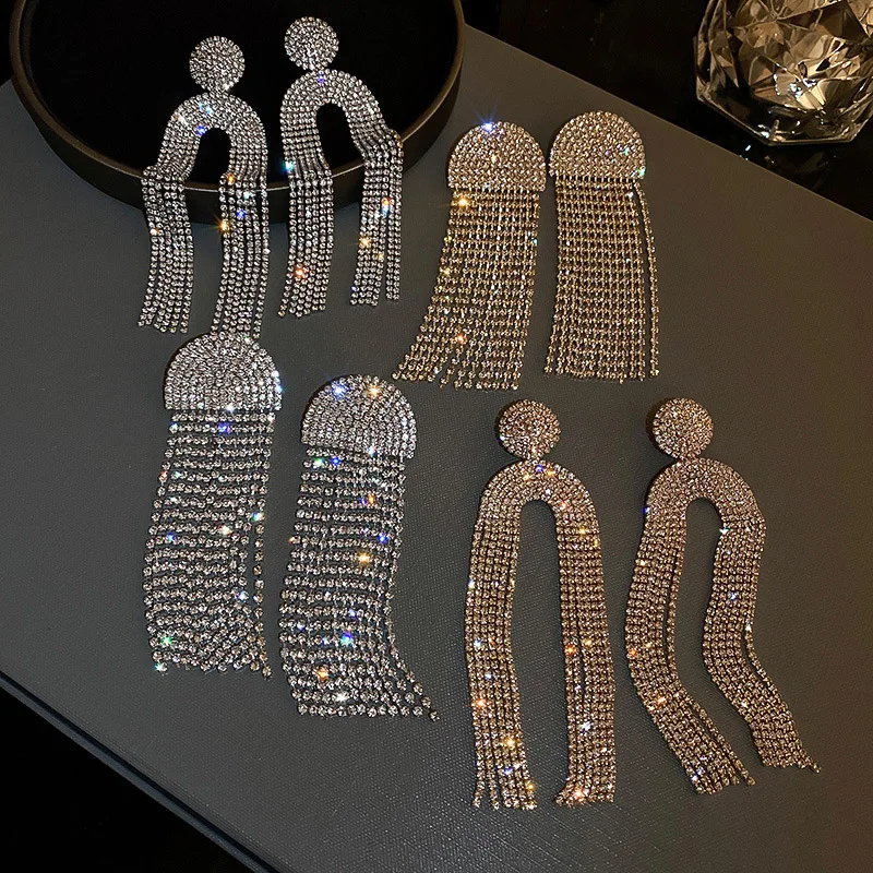

Long Gold Silver Color Rhinestone Crystal Long Tassel Earrings for Women Bridal Drop Dangling Earrings Brincos Wedding Jewelry