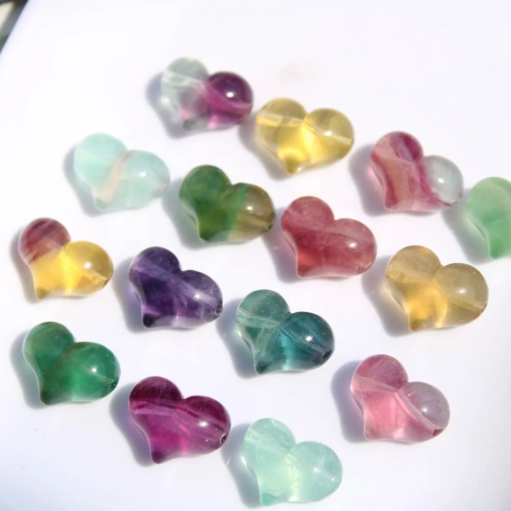 

Wholesale Price Hand Carved 1.8cm Natural Rainbow Fluorite Crystal Mini Puffy Hearts Beads For Jewelry Making