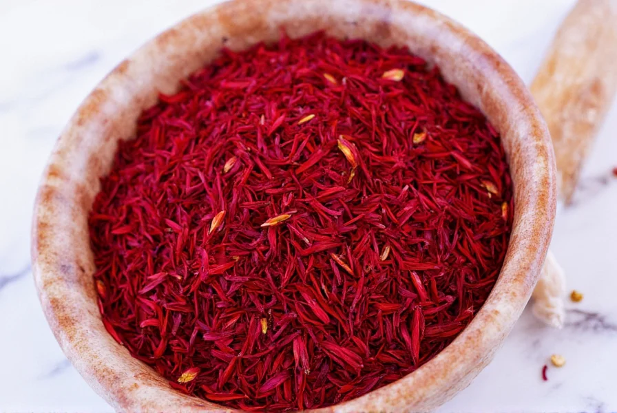 Glass container with saffron threads next to mortar and pestle showing proper preparation technique
