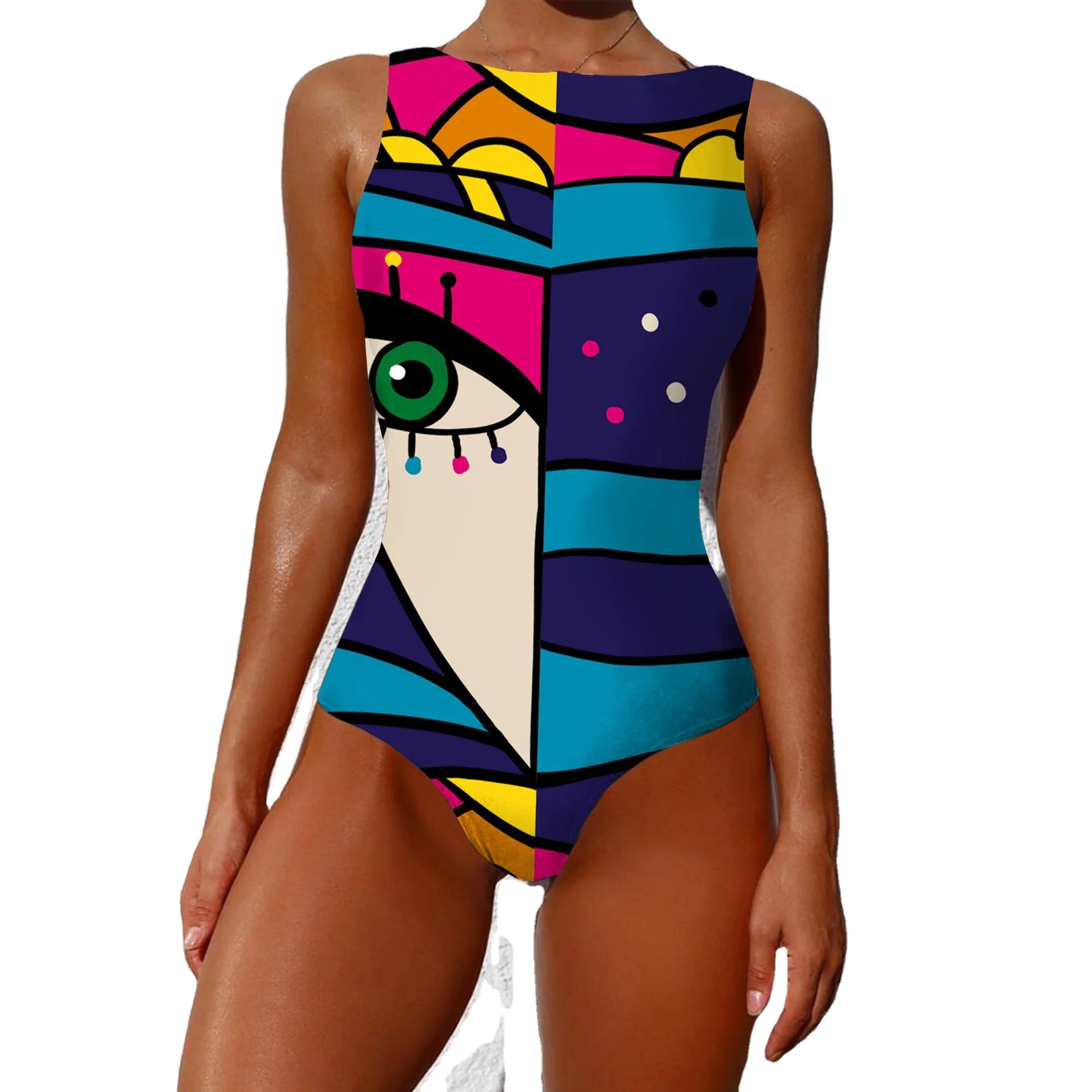 

SACR19468 summer designer abstract pattern print sleeveless backless sexy one piece bathing suits for women, As pictures showed