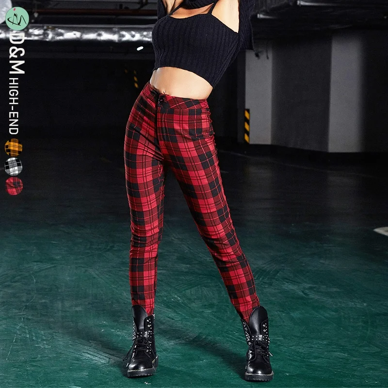

D&M 2021 New Fall Winter Women STREETWEAR Plaid Printed Girls Cargo Jogger Trousers Bottoms Tight Pencil Pants for Ladies, Black ,customized color