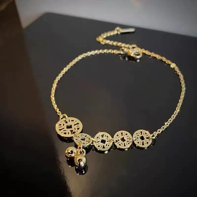 

Anklet 2022 New Korean simple personalized titanium steel Anklet Women's Bell antique Golden Mori style niche, Gold