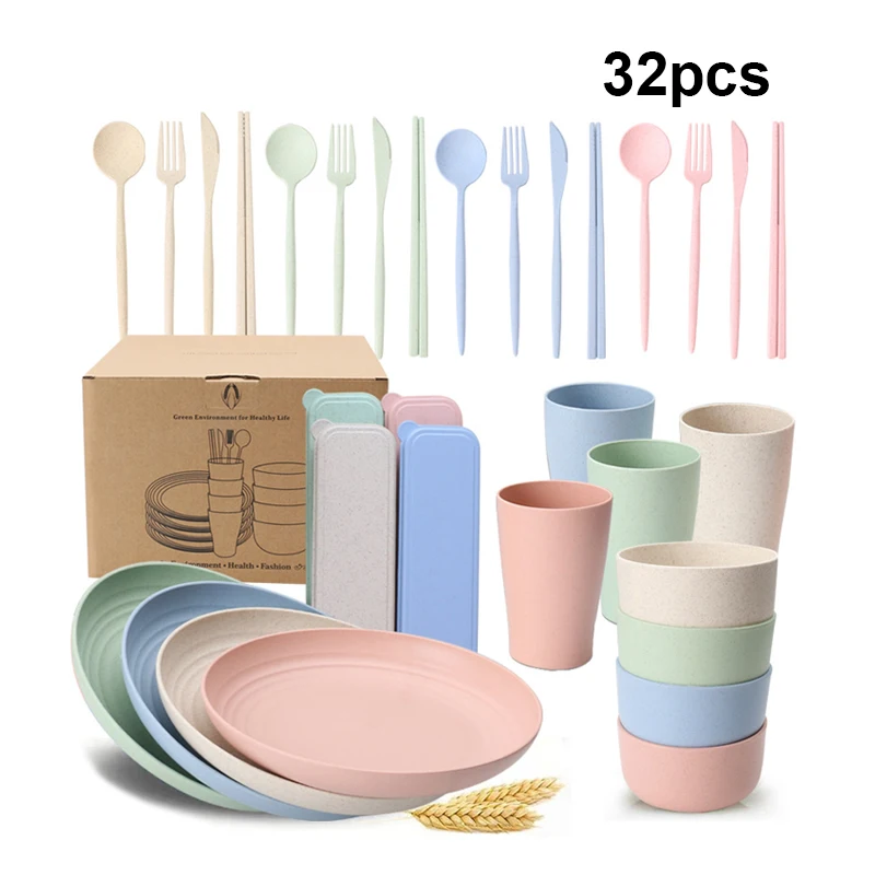 

New Wheat Straw tableware Dinnerware Sets with Cups Dinner Plates Bowls cutlery reusable round plates dish sets dinner set 32pcs, Blue / beige / pink / green