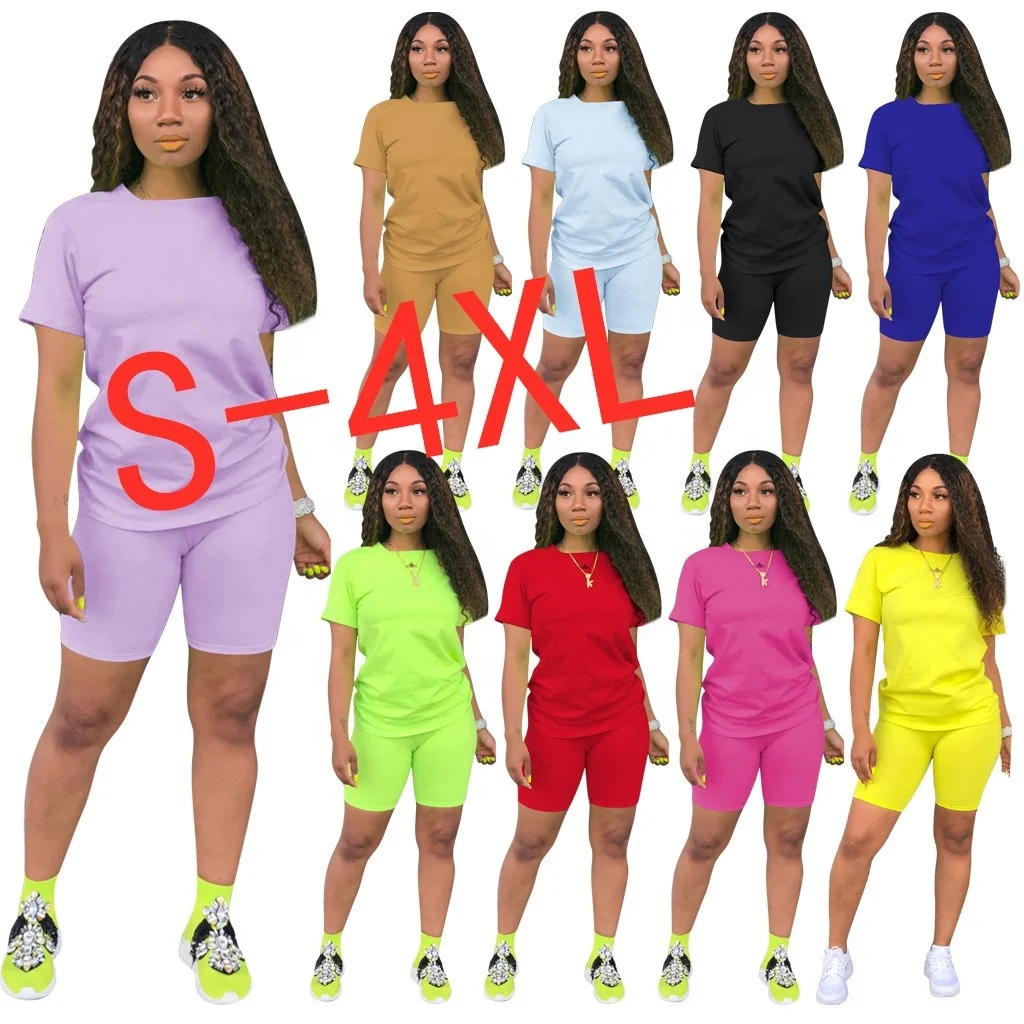 

2021 Summer New Arrival Solid Color Customize Plus Size Shirts and Biker Short Two Piece sets