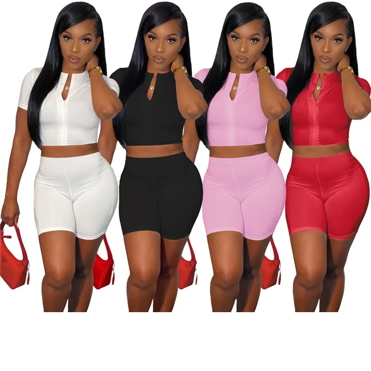 

Wholesale Ladies Outfits Zipper Crop Tops Biker Bodycon Summer Two Piece Sets For Women, Picture shown