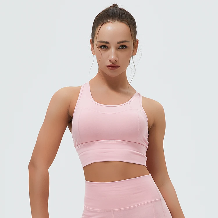 

OEM/ODM Back Mesh Bras Pink U-neck Yoga Bras Women's Sportswear With Cross Back