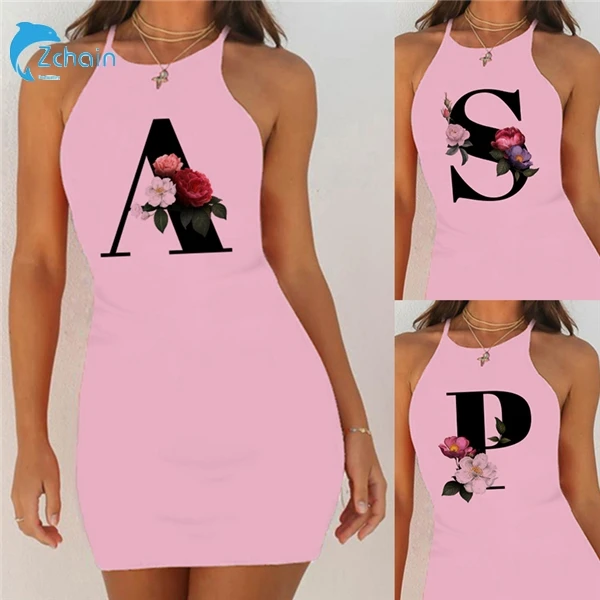 

26 English Alphabet Print Summer Sexy Clothes Women Dresses 2021 Plus Size Dress Bodycon Evening Party O-Neck Pink Mini Vestidos