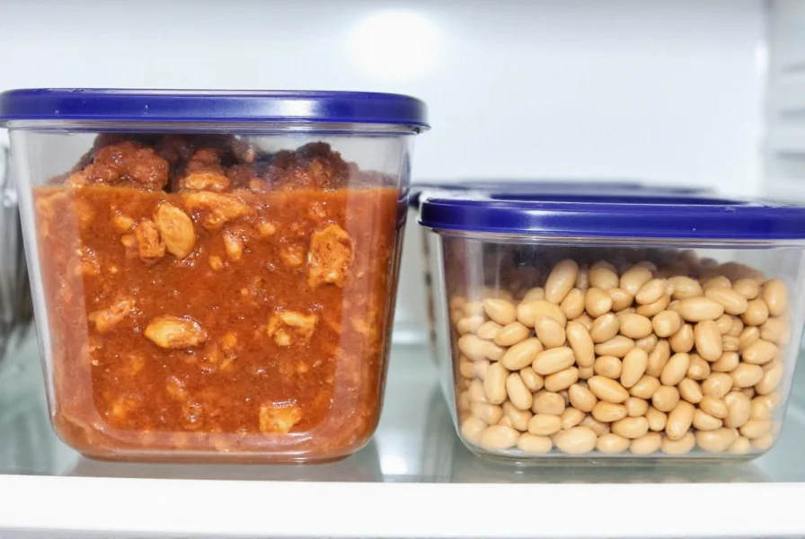 Meal prep containers with chicken chili and cannellini beans stored in refrigerator
