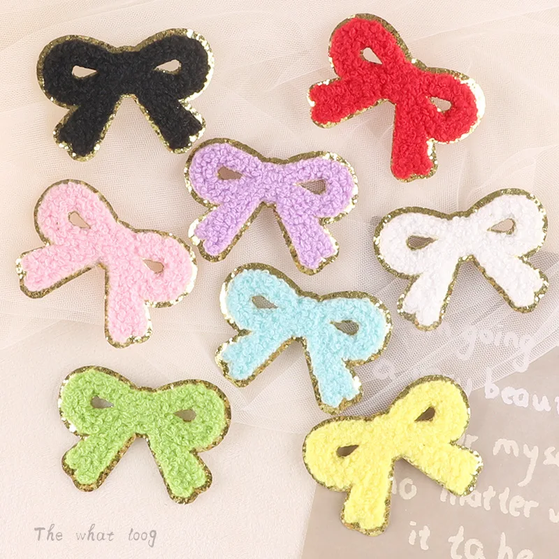 yiwu wintop lovely 5cm bow design iron on embroidery glitter chenille bowknot patches for kids clothes