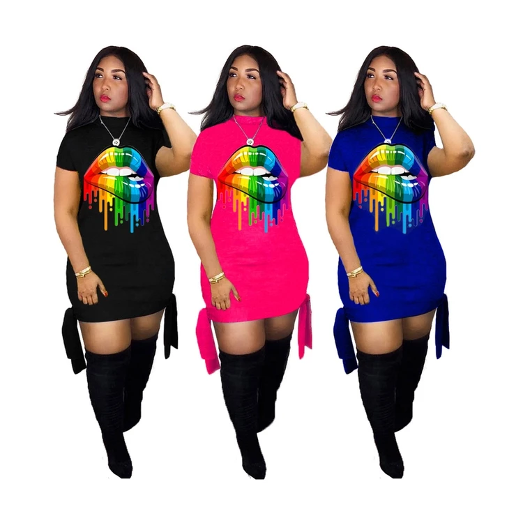 

Woman bandage casual cotton plus size summer printed colorful lips short sleeve dress