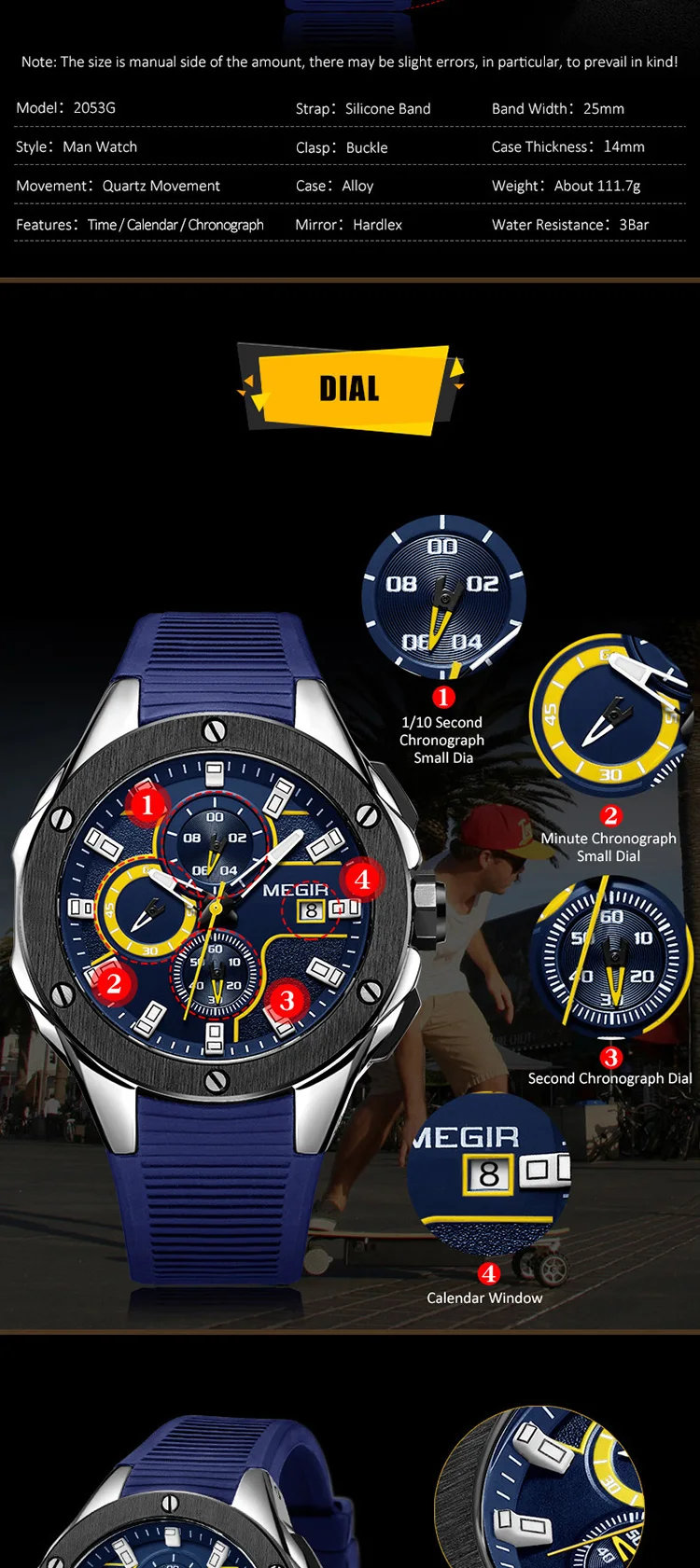 MEGIR 2053 super boy made in china watch buy Genuine Leather Strap personalized 3 dials chronometer diameter 45mm watch set