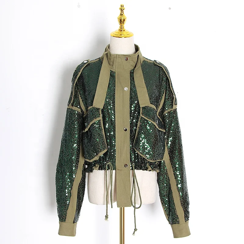 

TWOTWINSTYLE Patchwork Sequin Jackets For Women Turtleneck Long Sleeve Drawstring Coats Female