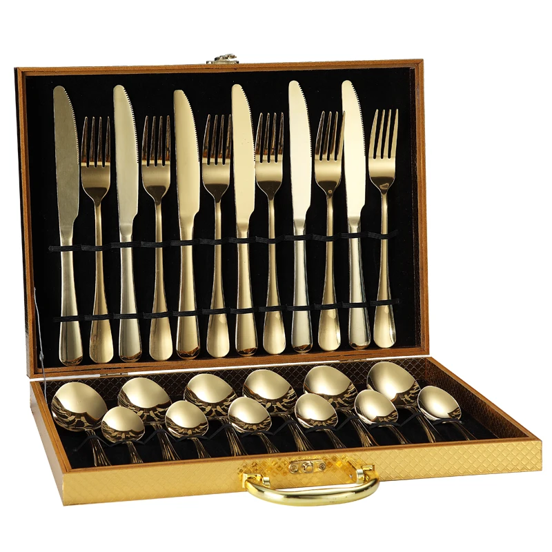 

Brass royal edible 24 pcs flatware Knife Spoon Fork Wedding Gift stainless steel Cutlery Set with Wooden Case, Silver/gold/rose gold/rainbow/black
