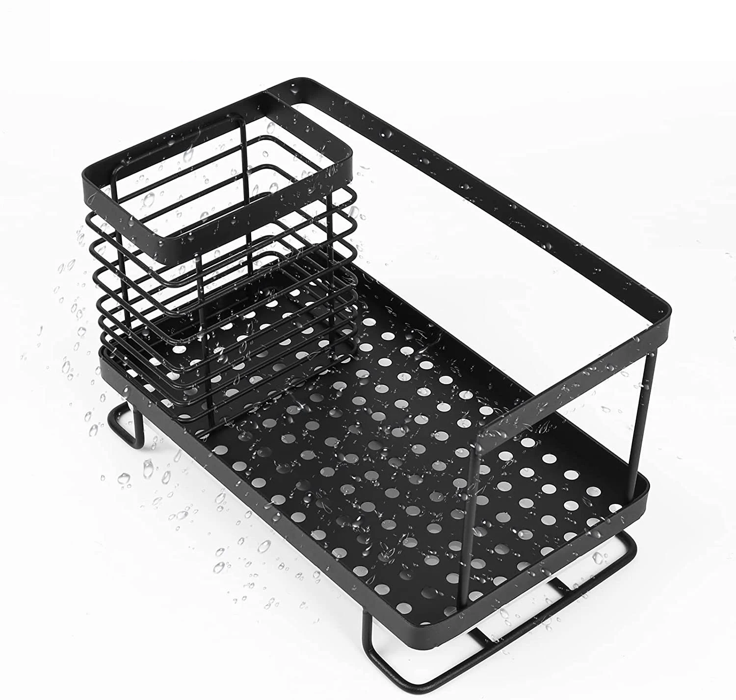 

ORZ0202 Sink Caddy Organizer with Removable Drain Tray, Multifunctional Storage Rack for Toiletries and Spice Jars, Black