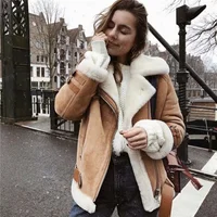 

wholesale motorcycle Wool Leather Zipper turtleneck warm winter Faux Shearling Oversized women suede Jacket oversized fur coat