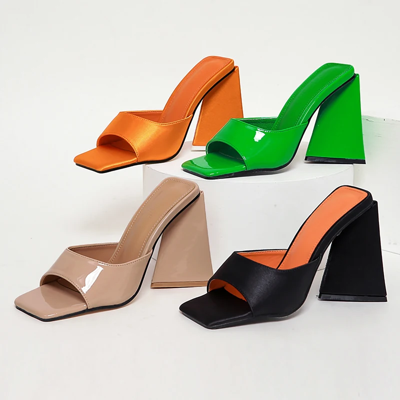 

113358 new brand design square toe heels women's shoes fashion leather triangle high heels sandals black orange green slippers