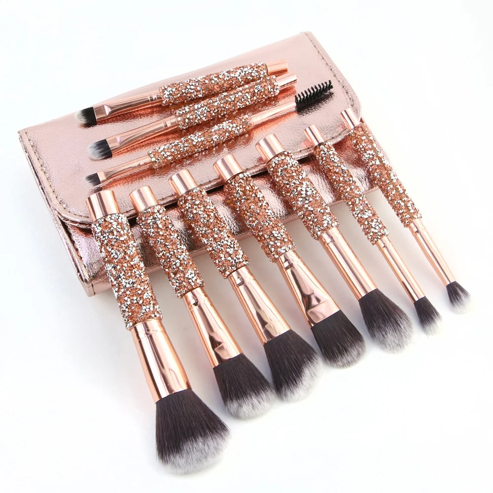 

Diamond Glitter Handle foundation rose golden makeup brushes 10pcs crystal rhinestone makeup brush set with PU bag
