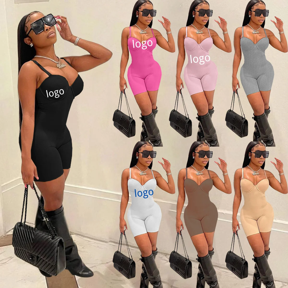 

Summer New Sexy Low Cut Sleeveless Solid Color Spaghetti Strap Cami Jumpsuit Women High Waist Bodycon Jumpsuits Playsuits, Picture shows