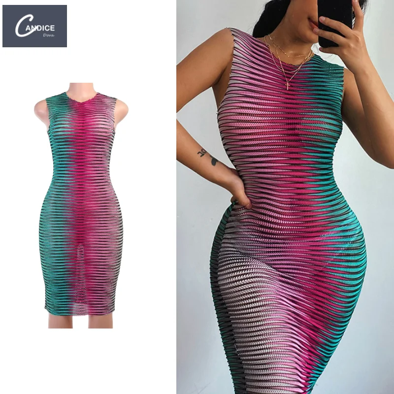 

Candice Charming Zebra Print Tie Dye Tight Mini Dress Sexy Perspective Contrast Color Sleeveless See Through Dresses