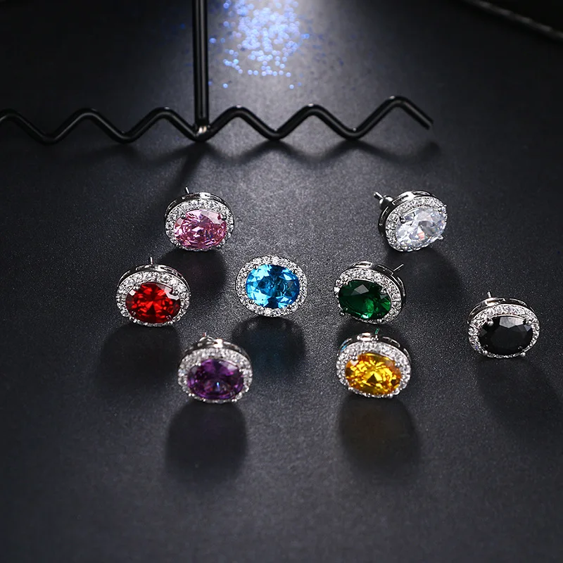 

2022 Classic Jewelry Rhodium Plated Cubic Zirconia Pear colorful Oval Stud Earrings for Women