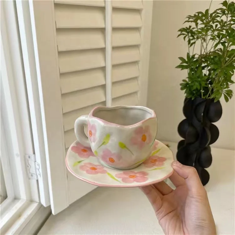 

Ins Vintage Creative Handmade Irregular Flowers Painted Ceramic Mug Cup Plate Set for Coffee Milk Tea