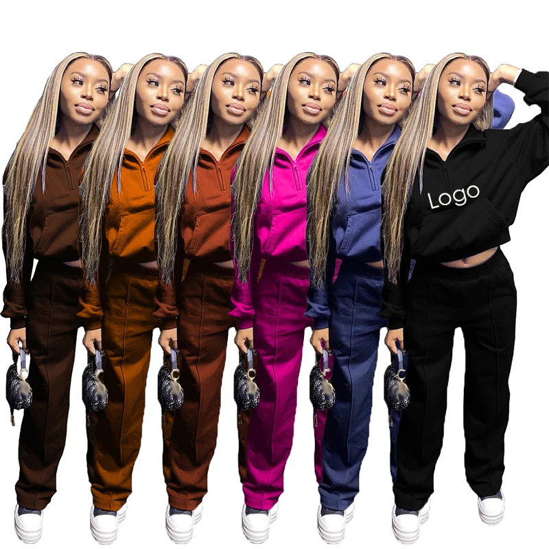 

2022 Latest Solid Color Long Sleeve Zipper Women Custom Jogging Set Sweatpants Suit, Picture shows