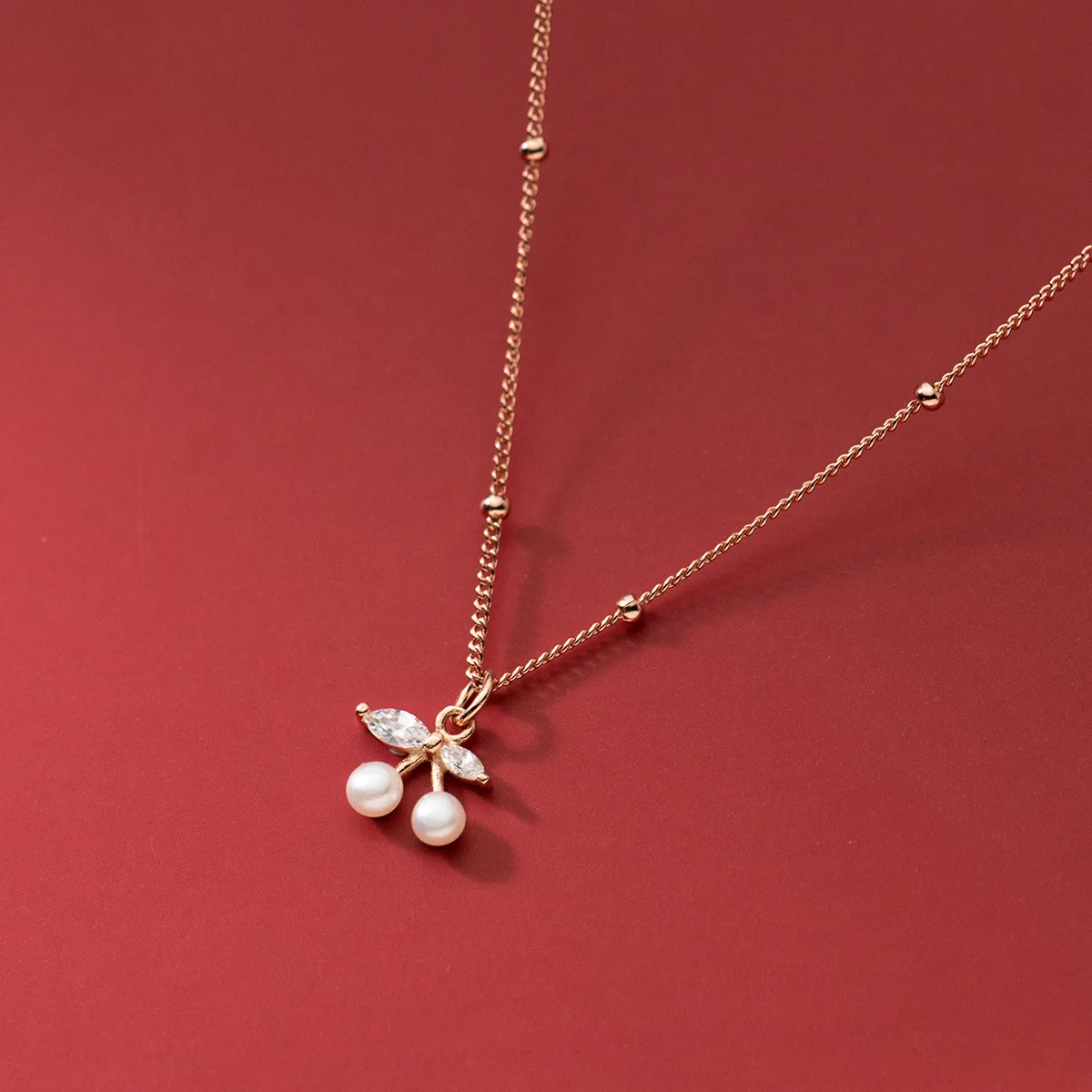 

2022 New Arrival Dainty Pearl Cherry Pendant Necklace Rose Gold Plated Cute CZ Fruit Cherry 925 Sterling Silver Necklace