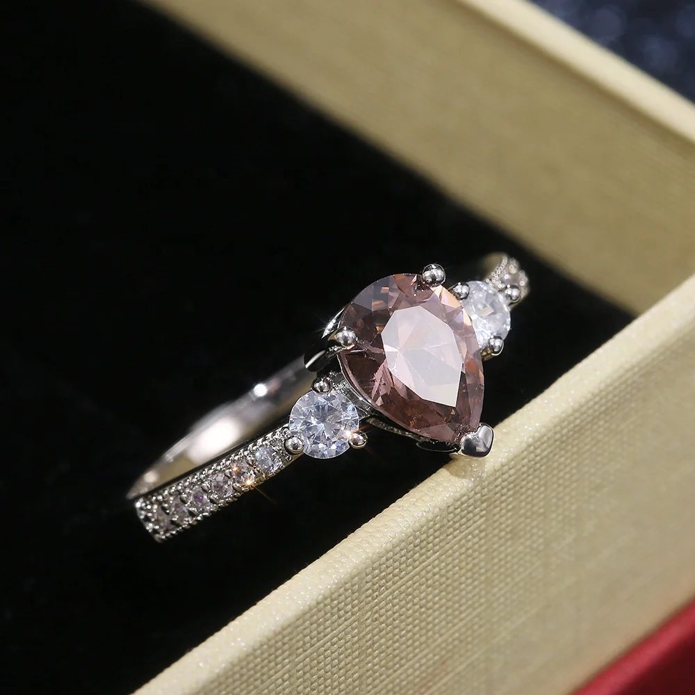 

Luxury Water Drop Shape Pink Crystal Wedding Ring Women's Fashion Zircon Ring Engagement Jewelry Anniversary Gift