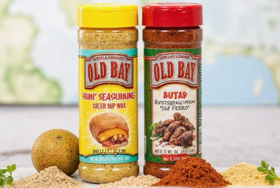 Various spice jars including Old Bay and other Cajun seasonings