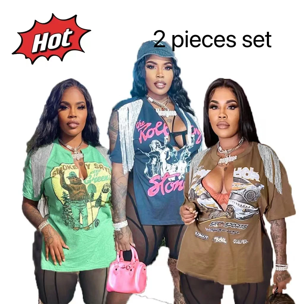 

Sexy Deep v-Neck Two Piece Shorts Set Clothing Tassel Mesh Outfits Two Piece Set Women Clothing Casual Biker Shorts Sets Women, As picture