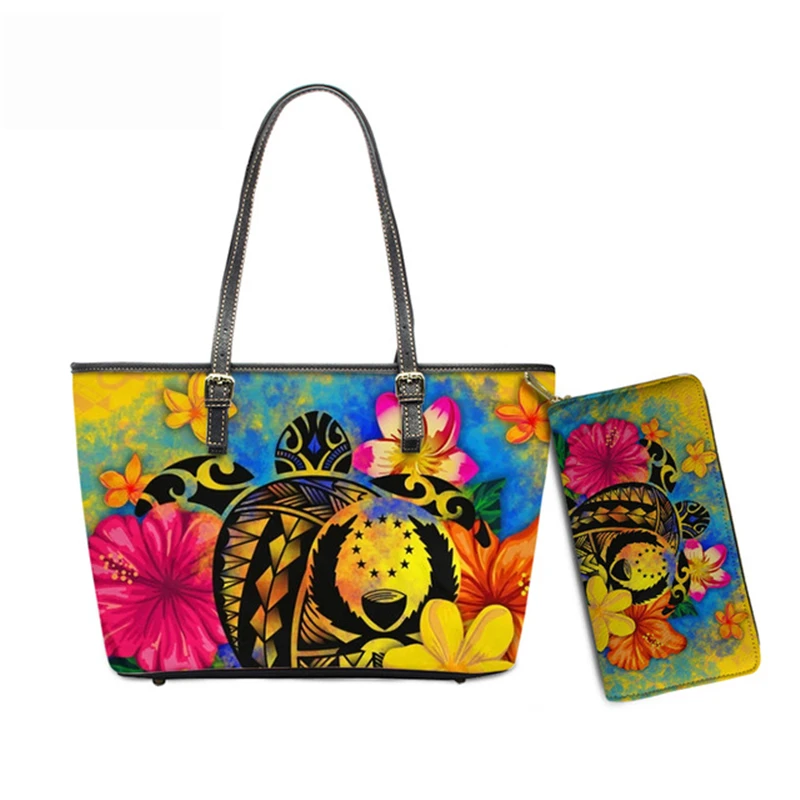 

2 pcs women handbags set with purse wallet Chuuk Pohnpei Polynesian Hibiscus women bags 2021 handbag leather ladies handbags
