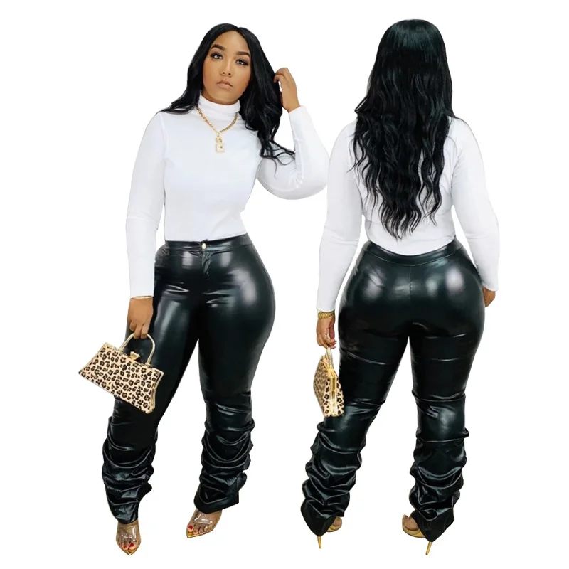 

wholesale plus size women pants womens clothing latest design 2021 spring fall new black pu leather stacked trousers clothing