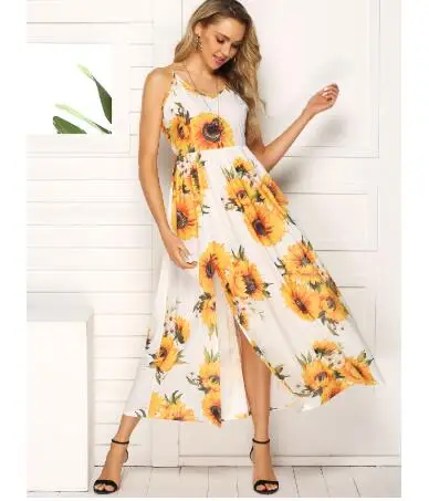 

Sunflower High Slit Dress 2019 New Fashion Spaghetti Strap Casual Women Dress Summer A-Line Tea Length Dress Vestidos, Pictures