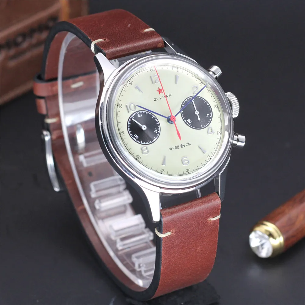 

Men 1963 Chronograph Watches Sapphire Acrylic Dial 21 Zuan Mechanical Hand Wind Watch with Swan Neck Gooseneck Device