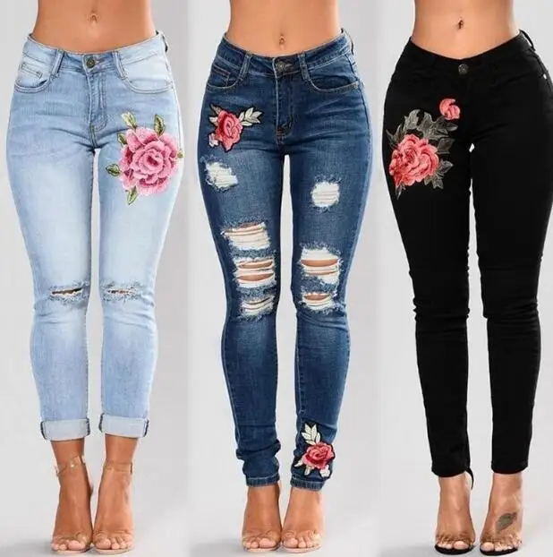 

2021 new style fashion floral stretch denim women pants flower embroidered ripped jeans, Blue,black