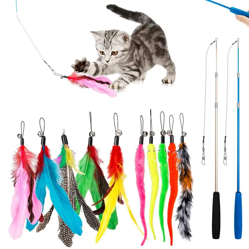 

Factory Supply Cat Feather Toy 2 Retractable Interactive Wand Cute Cat Teaser Toy with 10 Colourful Replaceable Feather