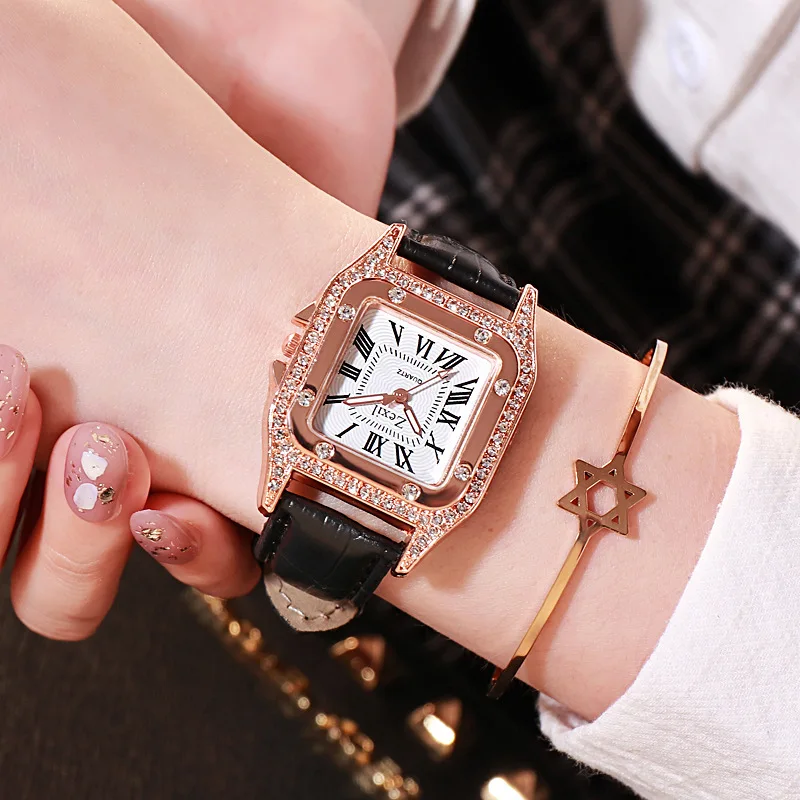 

2021 Hot Sale Full artificial diamond Leather Band Woman Watch for Gift, 2 colors