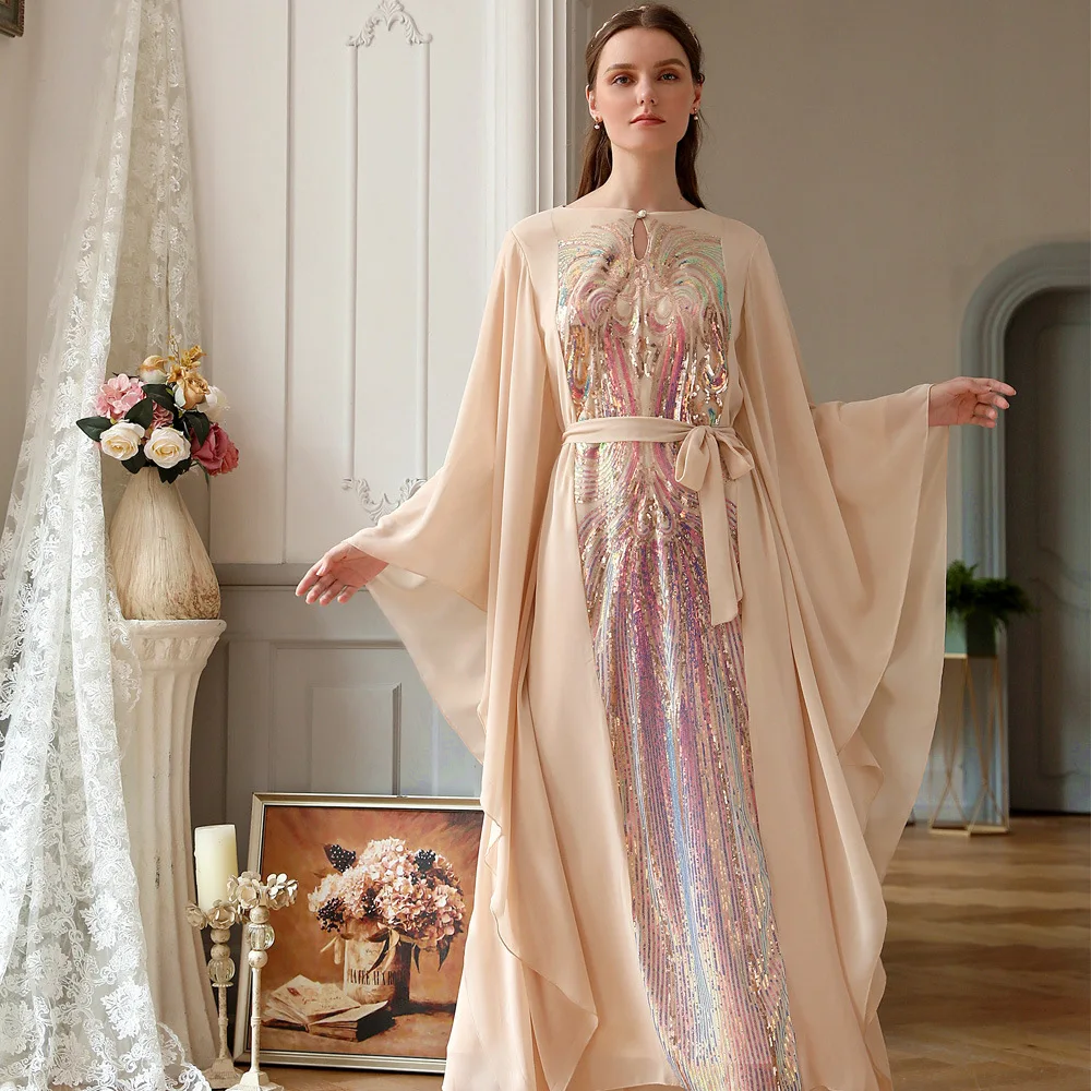 

Latest Designs Chiffon Long Sleeve Maxi Dress Muslim Women Fashion Abaya Sequins Robe Islamic Clothing Evening Dress, Beige