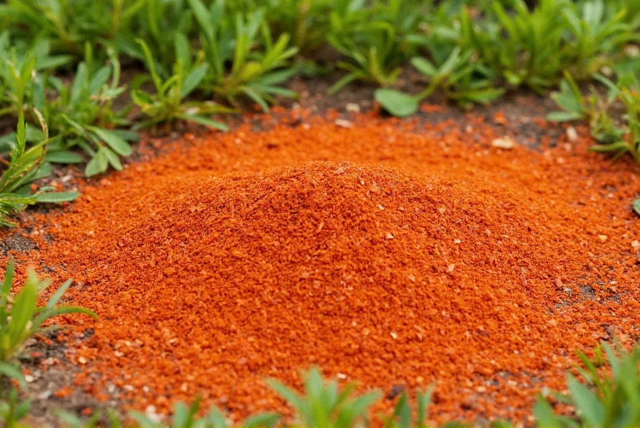 Close-up of cayenne pepper flakes being sprinkled around garden perimeter as natural pest control method