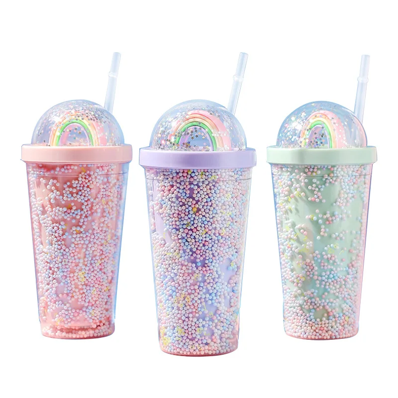 

Colorful double layer cold drink cup girl's water cup creative rainbow plastic water cup with straw and lid