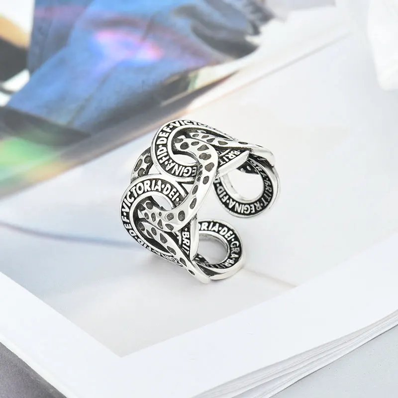 

European American Design Sterling Silver Plated Letter Open Rings Adjustable Geometric Spotted Circle Lin Chain Rings