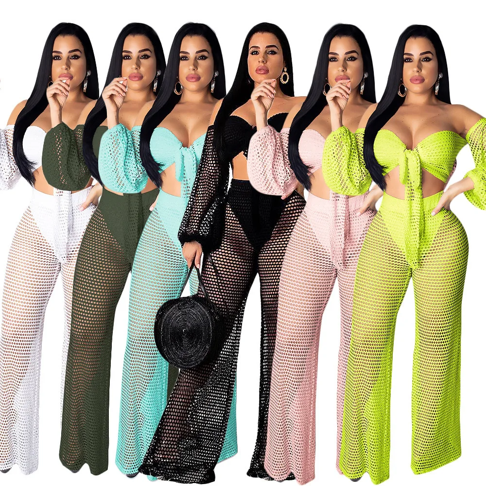 

Women's Casual Tassel Crochet See Through Swimsuits Long Sleeve Crop Top And Pants Bikini Cover up 2 Piece Sets