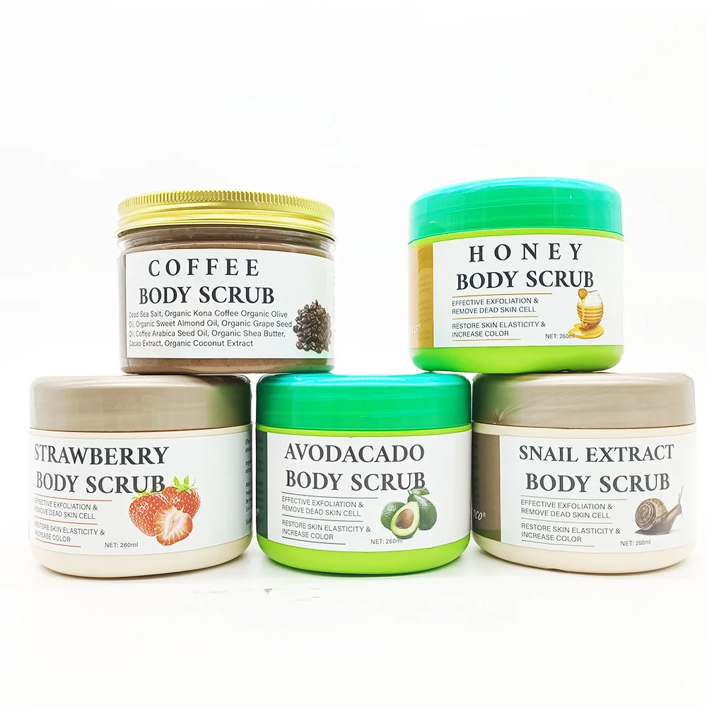 

Gluta Master Whole Sale Whitening And Cleaning Coffee & Honey & Strawberry & Avocado & Snail Extract Body Scrub