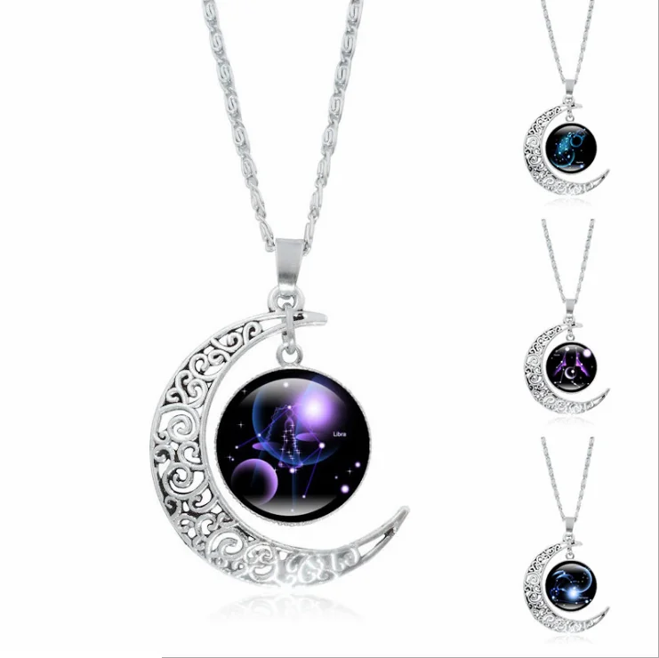 

INS Hip-Hop Starry Sky 12 Constellations Time Gem Necklace Silver Moon Pendant Necklace Wholesale
