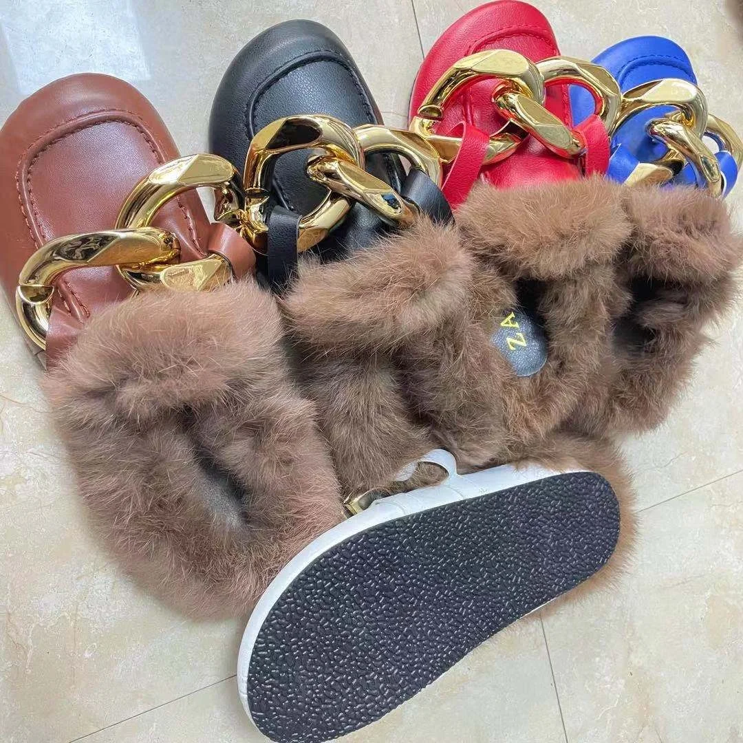 

2021 Winter Large Chain Warm Thick Soled Fur Slippers Daily Wear Semi-Enclosed Slippers, As photo