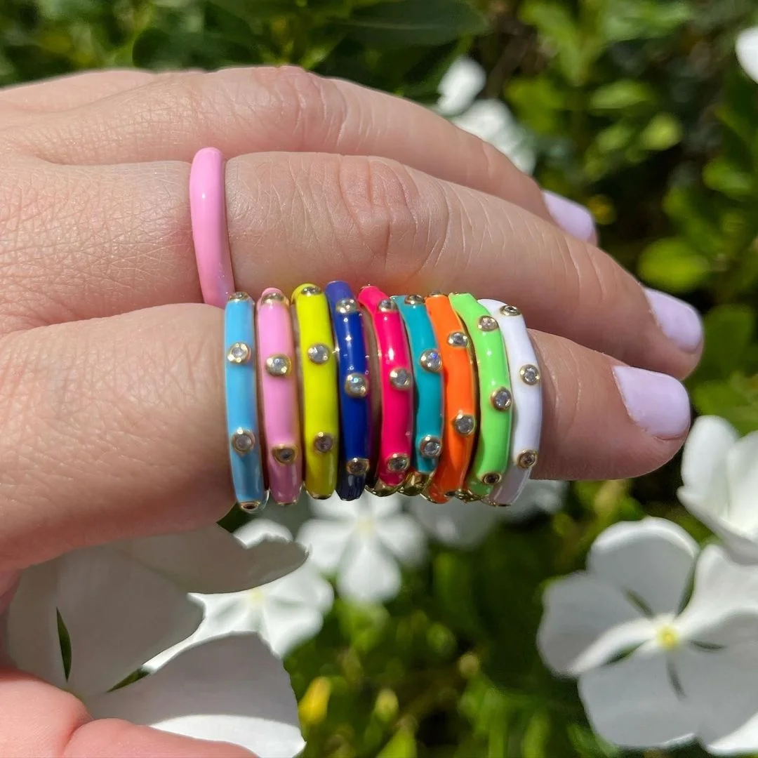 

New Candy Color Pastel Enamel Stacking Band Ring Simple Round Circle Zircon Colorful Enamel Open Finger Rings Jewelry