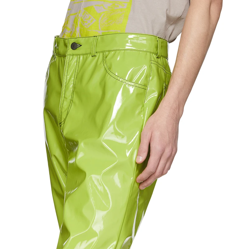 Neon Green Men Casual Long Leather Straight Button Trousers Pu Pants
