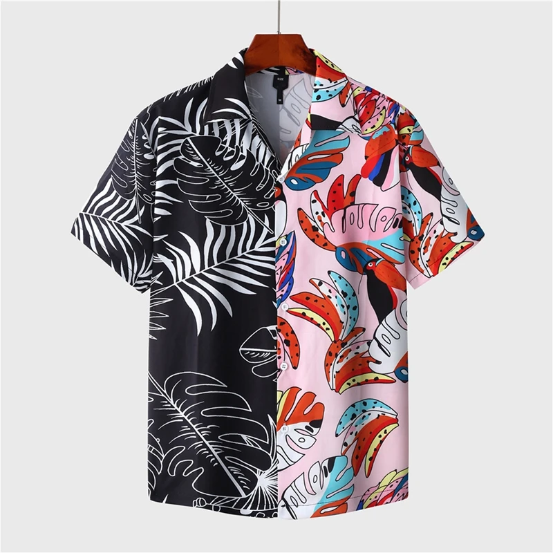 

Camisa Estampada Patchwork Hawaiian Splicing Shirt Men, Printed Short Sleeve Shirt